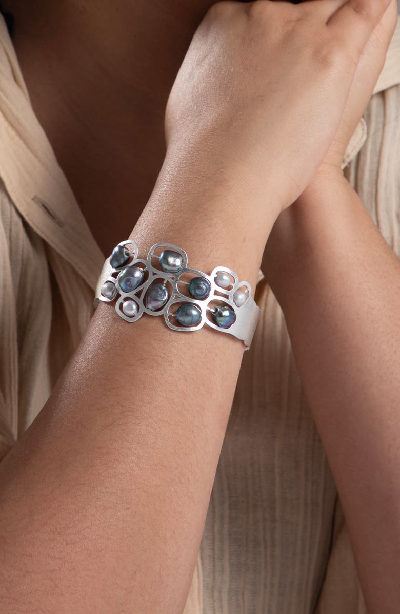 SAACHI Faux Pearled Cut Out Waved Cuff Bracelet, Alternate, color, Silver