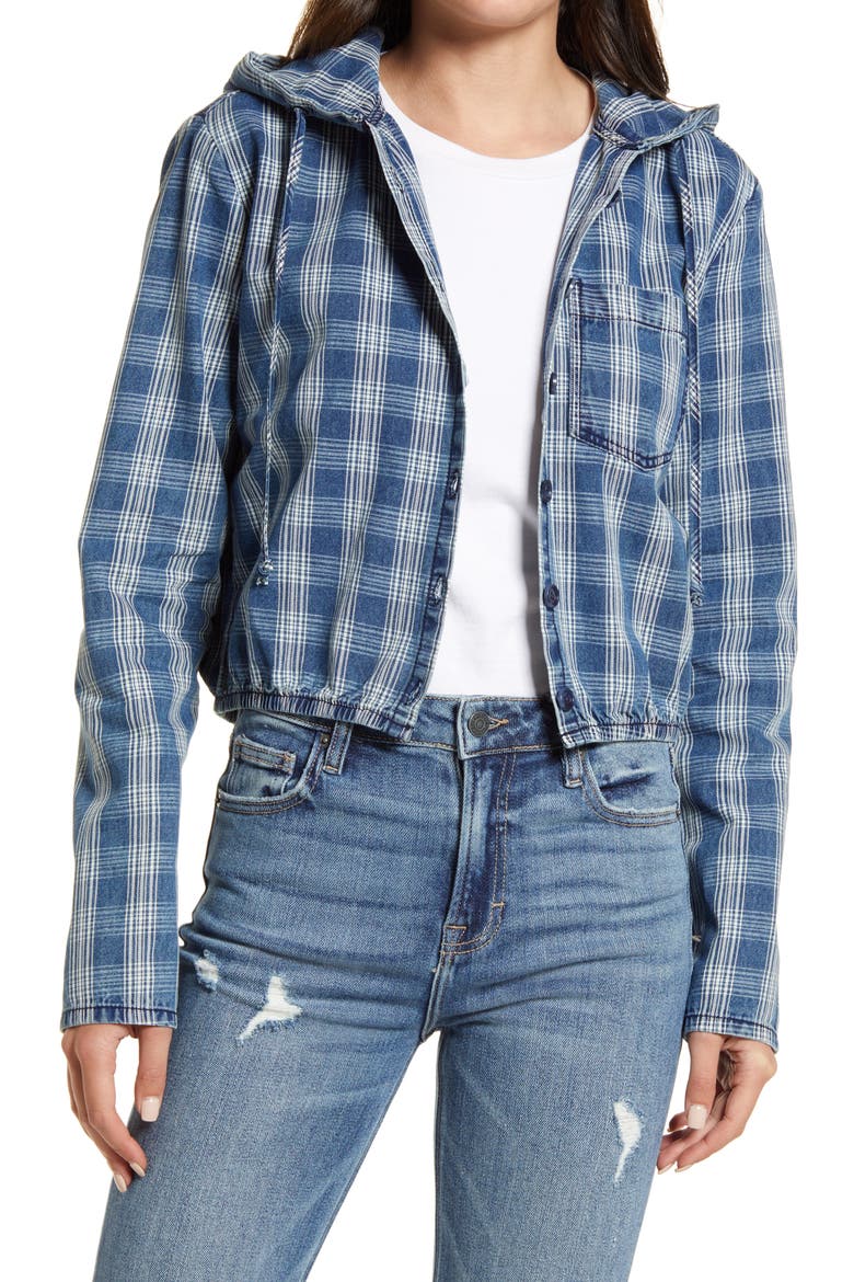 Light Wash Plaid Crop Hoodie, Main, color, LT WASH