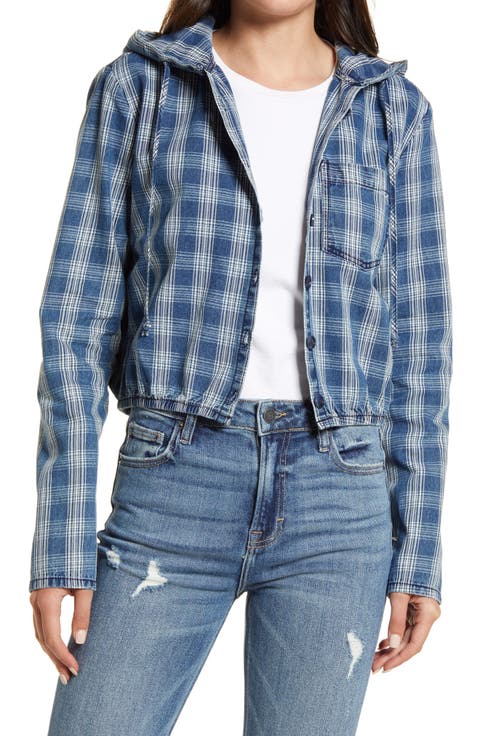 Light Wash Plaid Crop Hoodie