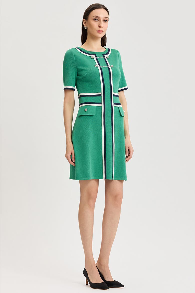 Button Detail Contrast Trim Soft Knit Dress, Alternate, color, Kelly Green/Indigo/Ivory