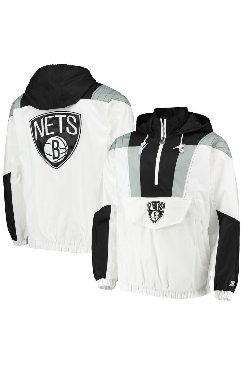 Men's Starter White Brooklyn Nets Striker Crinkle Half-Zip Hoodie Jacket, Main, color, White