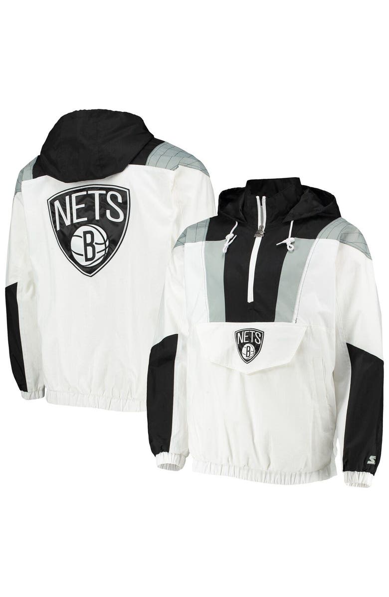 STARTER Men's Starter White Brooklyn Nets Striker Crinkle Half-Zip Hoodie Jacket, Main, color, White