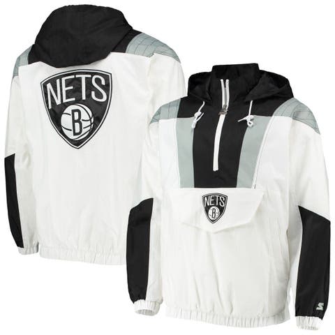 Men's Starter White Brooklyn Nets Striker Crinkle Half-Zip Hoodie Jacket