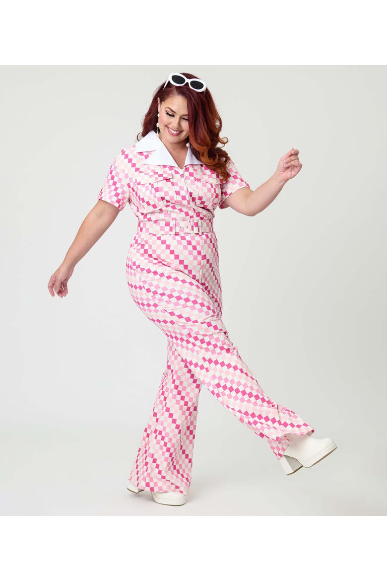 Plus Size Retro Flare Jumpsuit, Alternate, color, Pink Checkerboard