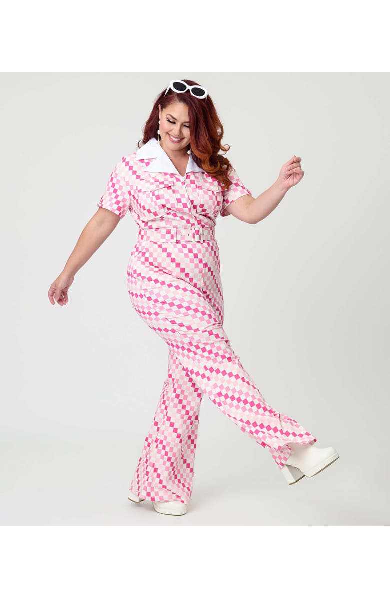 Smak Parlour Plus Size Retro Flare Jumpsuit, Alternate, color, Pink Checkerboard