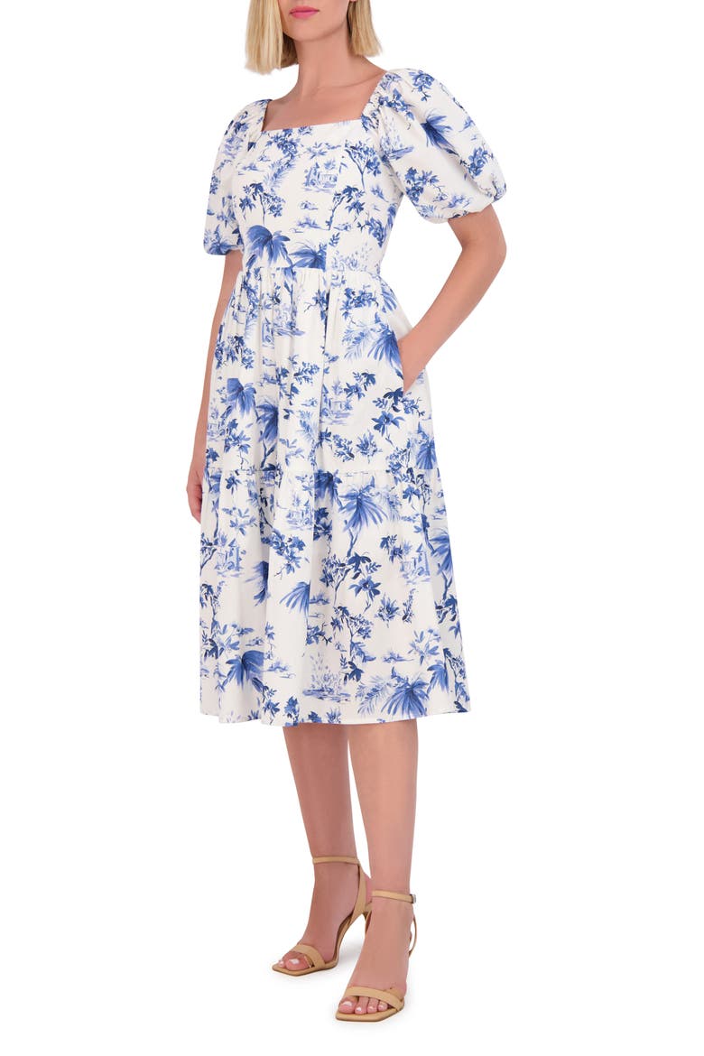 Floral Square Neck Cotton Midi Dress, Main, color, BLUE
