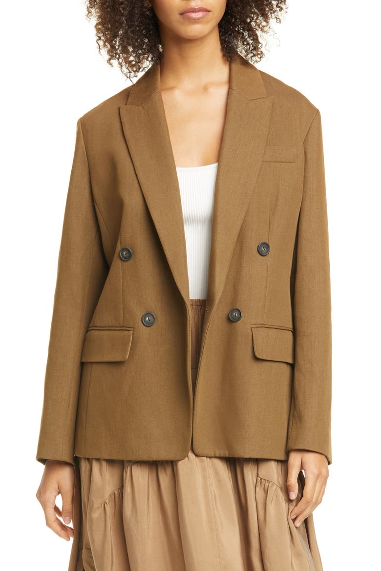 Double Breasted Cotton & Linen Blend Blazer, Main, color, TIMBER