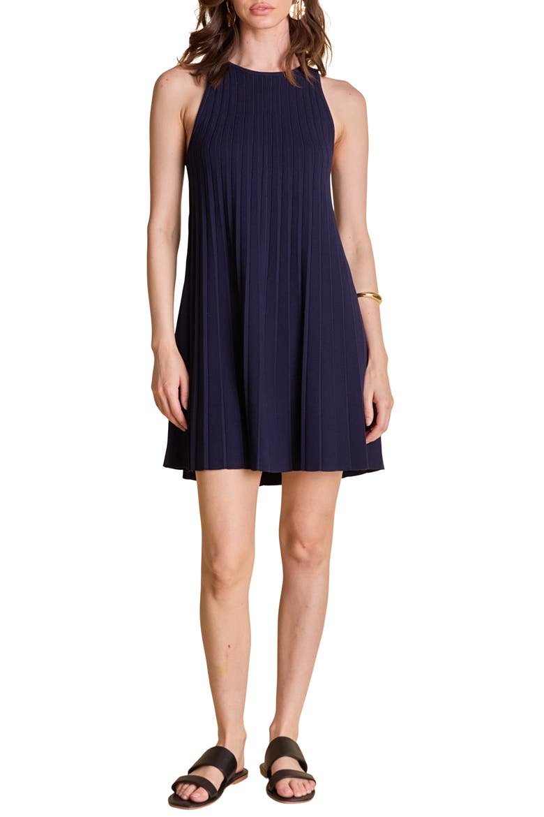 Pleated A-Line Knit Minidress, Main, color, NAVY