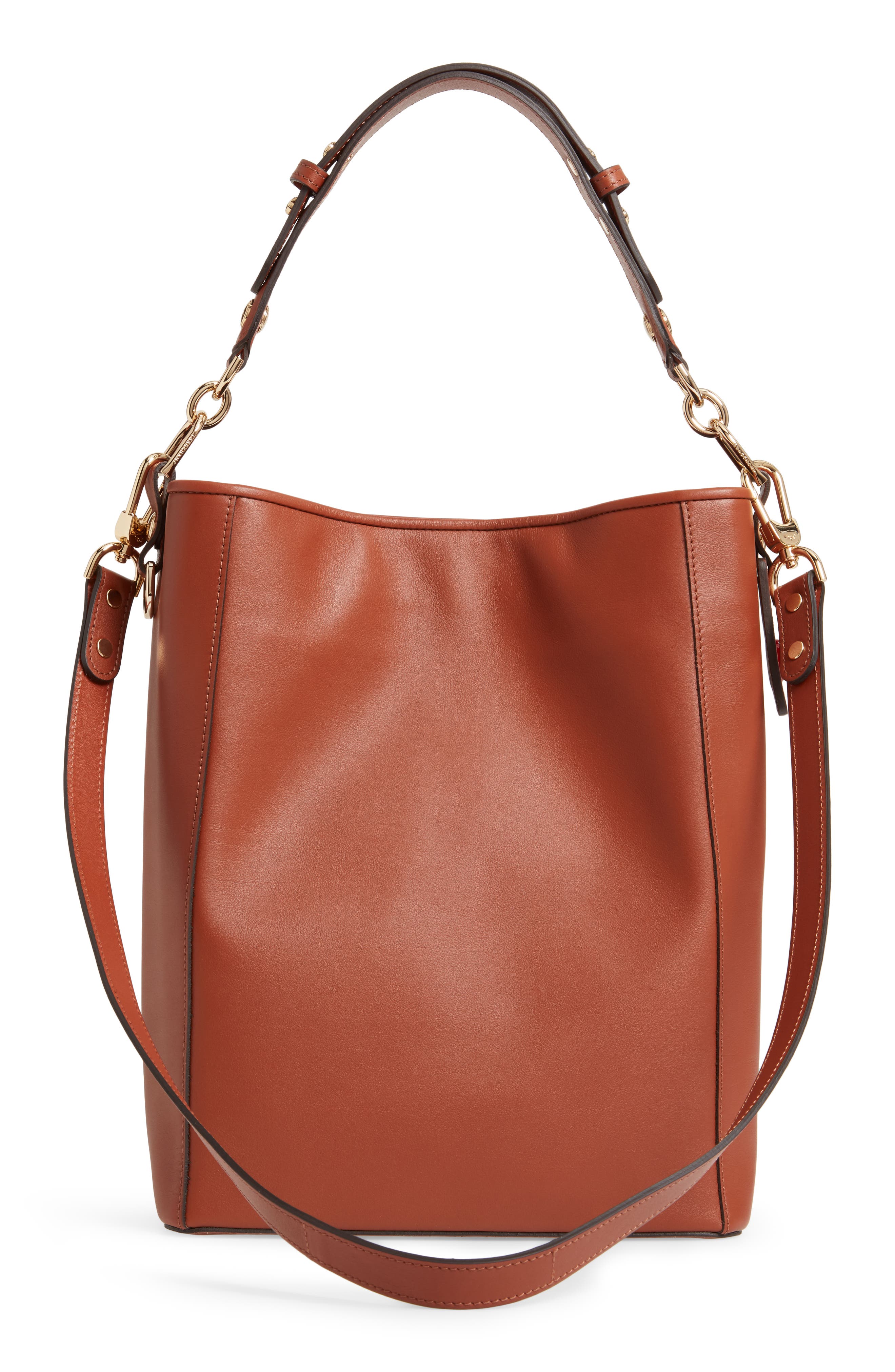 Mademoiselle Perforated Calfskin Leather Bucket Bag, Alternate, color, COGNAC
