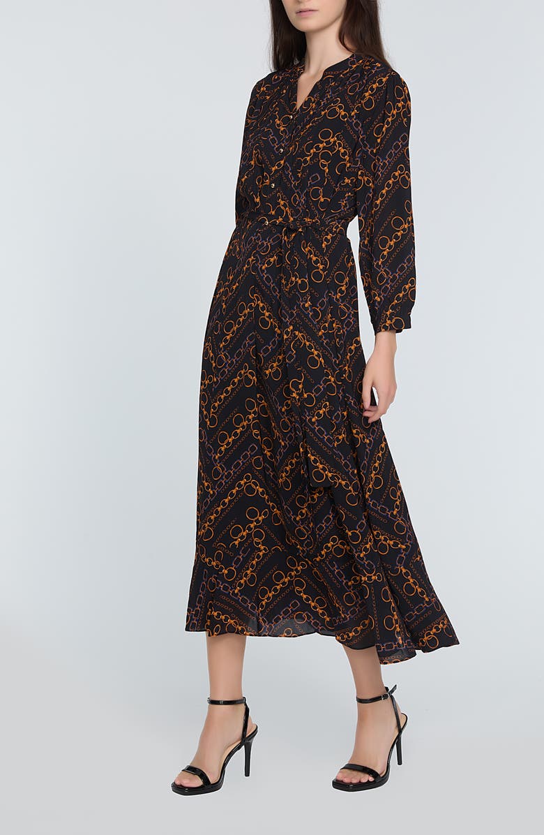 Elie Tahari The Mila Chain Print Pleated Long Sleeve Stretch Silk Midi Dress, Alternate, color, 