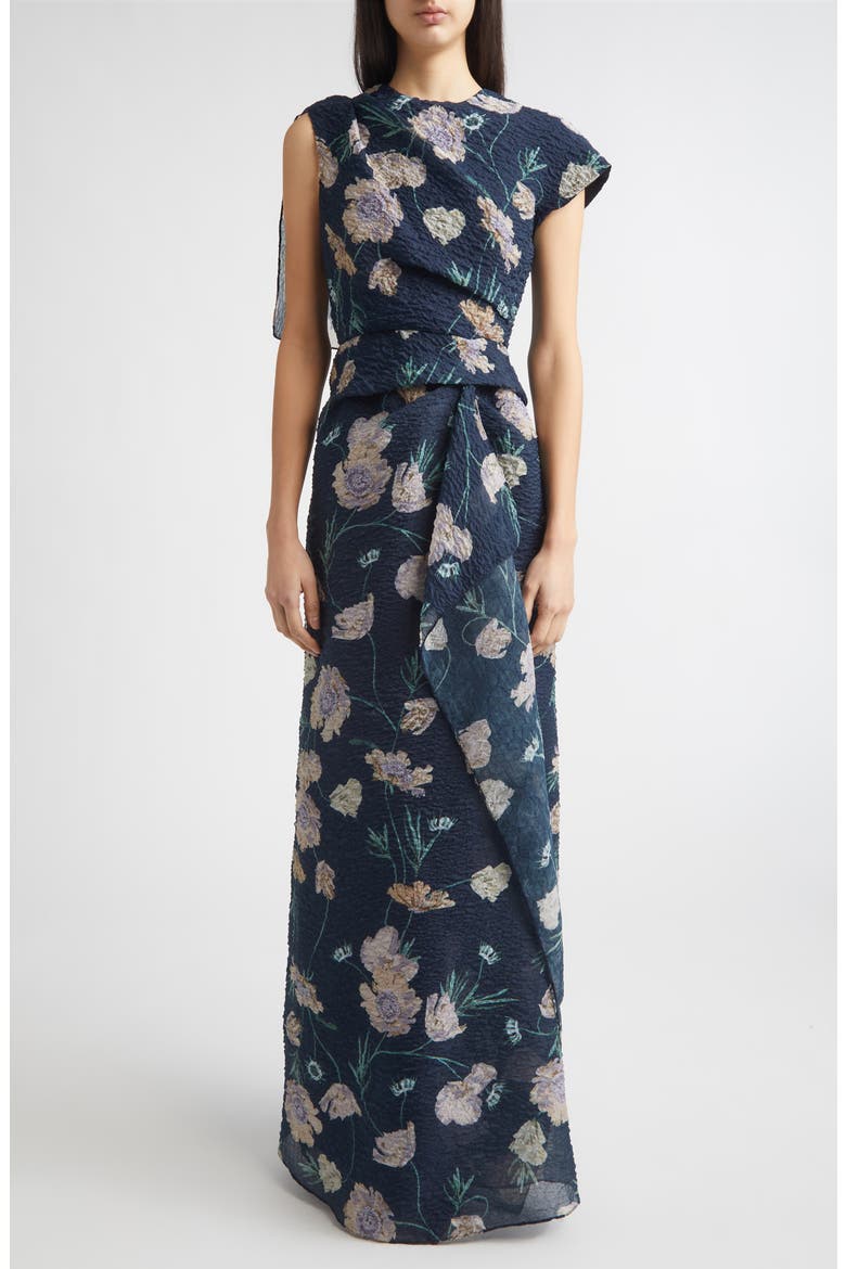 Floral Asymmetric Organza Cloqué Gown, Main, color, BELLE EPOQUE POPPY NAVY