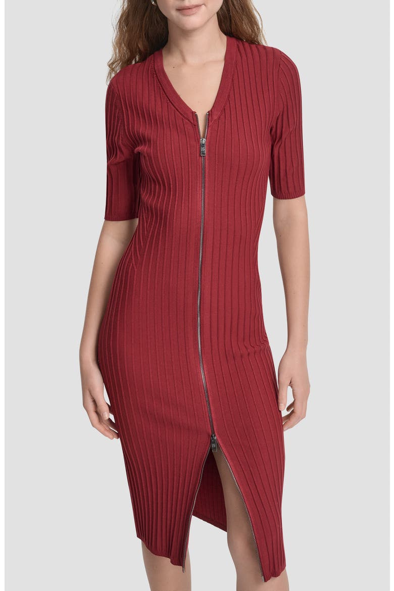 Ribbed Front Zip Sweater Dress, Alternate, color, MERLOT