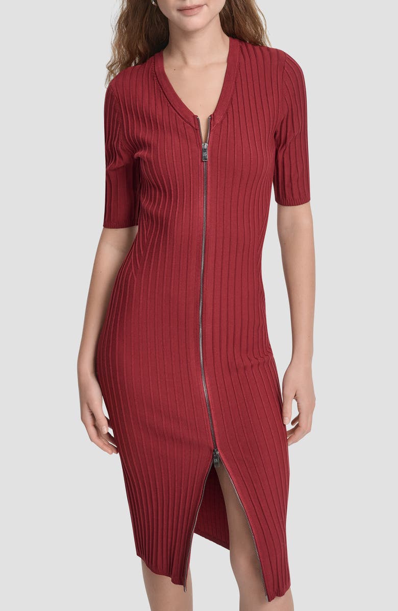 DKNY Ribbed Front Zip Sweater Dress, Alternate, color, Merlot