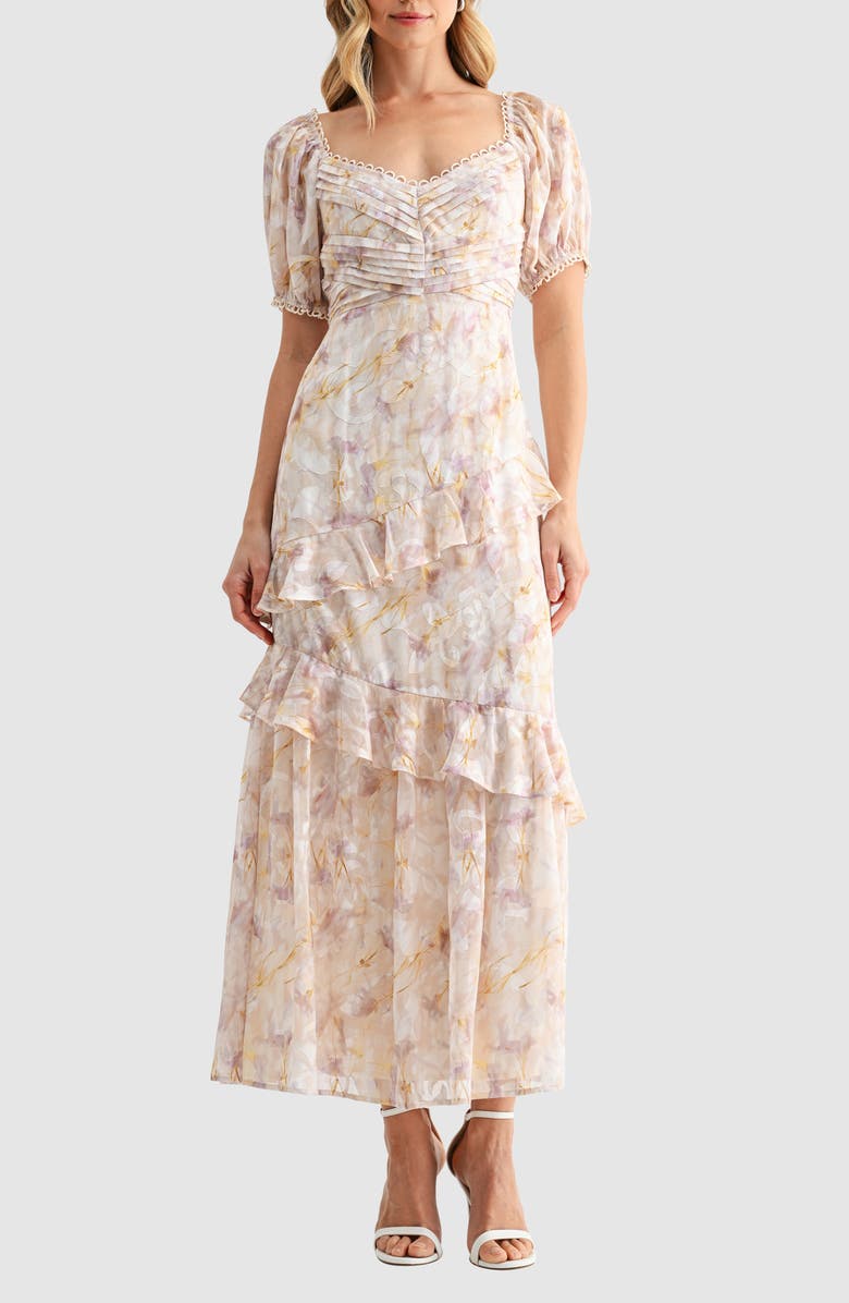 Mila Mae Floral Pleat Detail Ruffled Maxi Dress, Alternate, color, Yellow Floral
