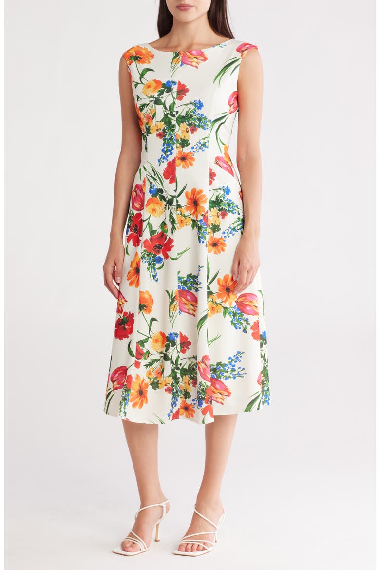 Sleeveless Scuba Crepe Cocktail Dress, Main, color, IVORY MULTI
