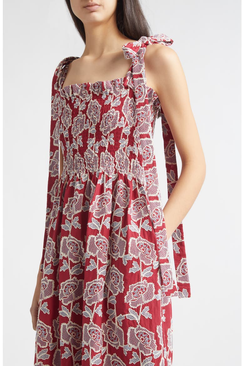 Floral Embroidered Tiered Cotton Blend Midi Sundress, Alternate, color, CHERRY