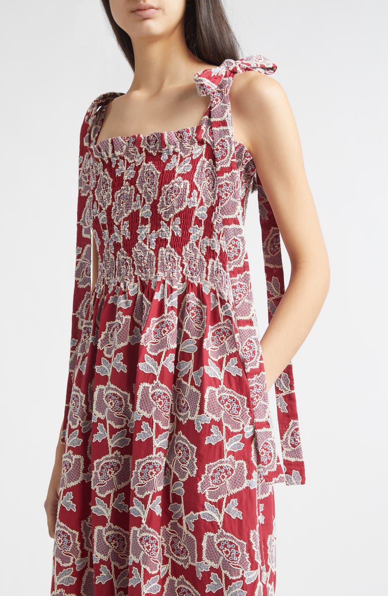 Erdem Floral Embroidered Tiered Cotton Blend Midi Sundress, Alternate, color, Cherry