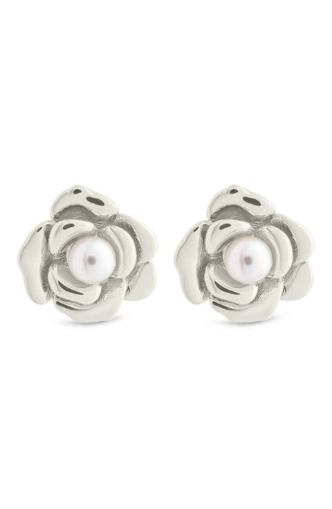 Rosa Faux Pearl Flower Stud Earrings
