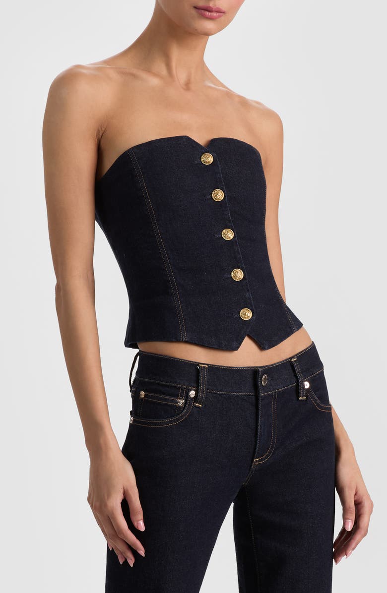Alice + Olivia Kelcey Denim Corset Top, Alternate, color, Dark Rinse