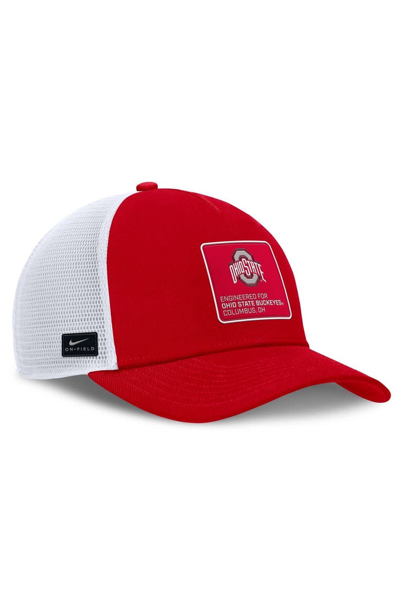 Nike Men's Nike Scarlet/White Ohio State Buckeyes 2025 On-Field Rise Engineered Trucker Adjustable Hat, Alternate, color, Scarlet