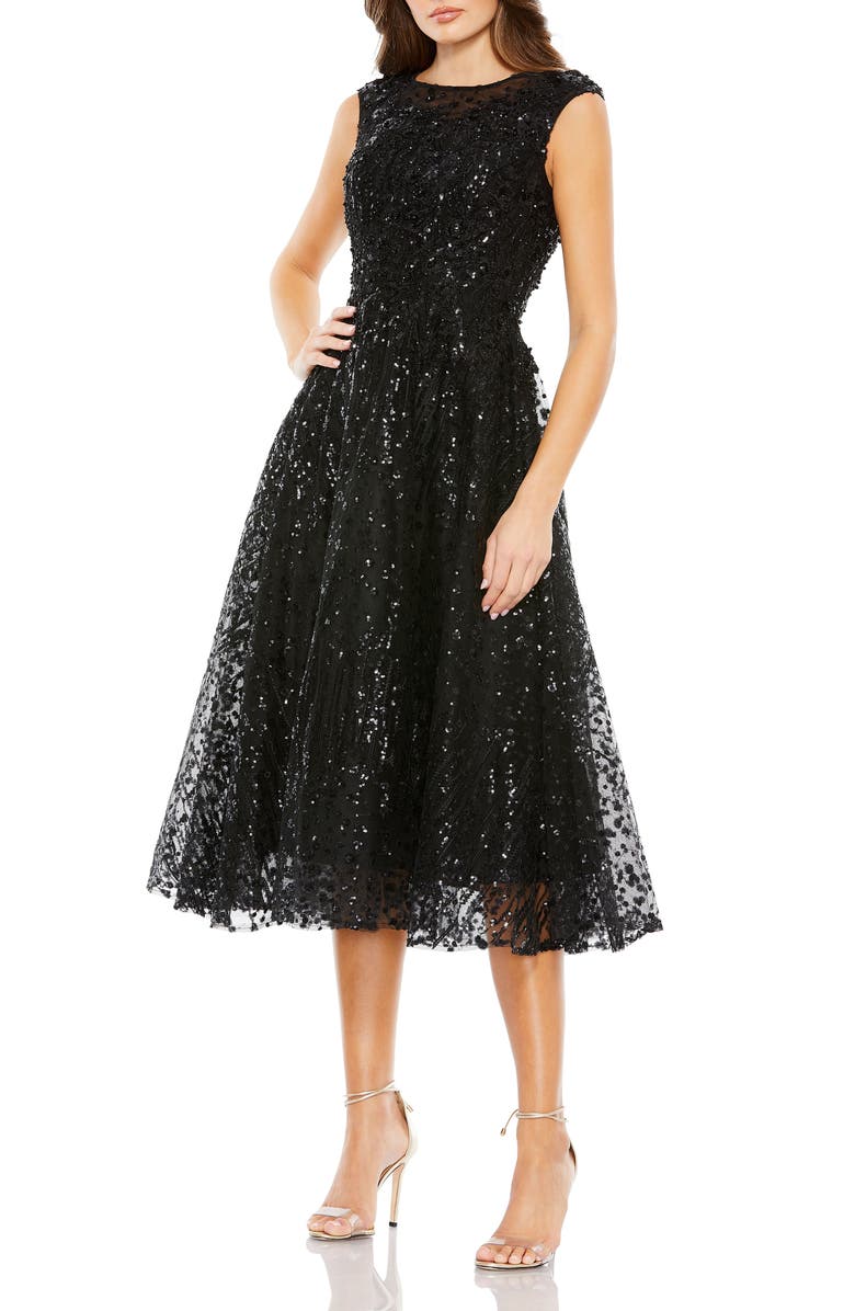 Mac Duggal Sequined Cap Sleeve Fit and Flare Dress, Main, color, 