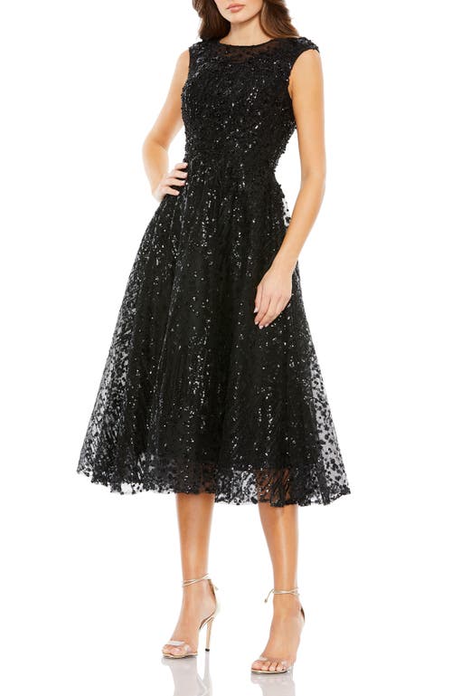 Mac Duggal Sequined Cap Sleeve Fit And Flare Dress In Black