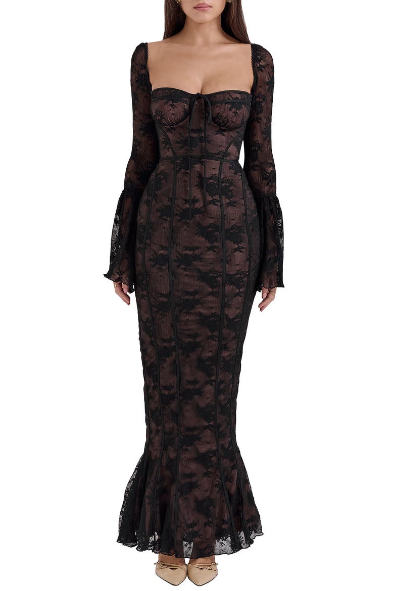 Delilah Long Sleeve Lace Overlay Mermaid Dress, Main, color, BLACK