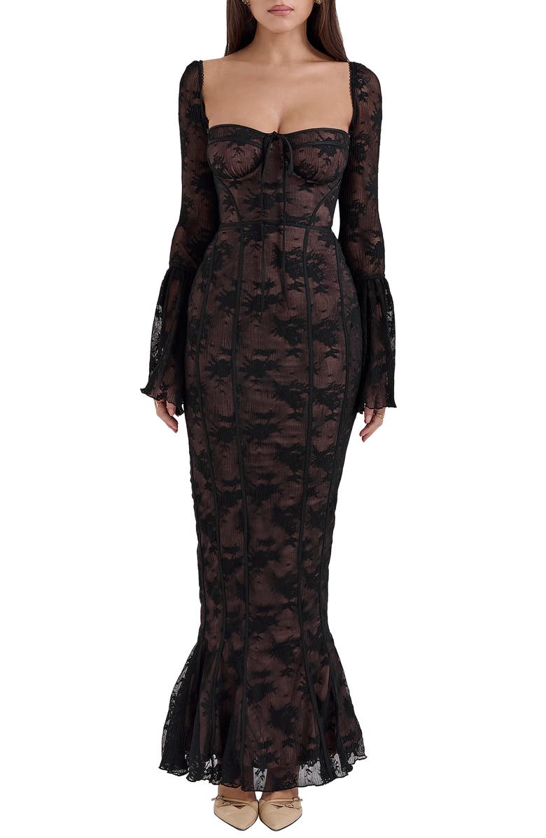 HOUSE OF CB Delilah Long Sleeve Lace Overlay Mermaid Dress, Main, color, Black