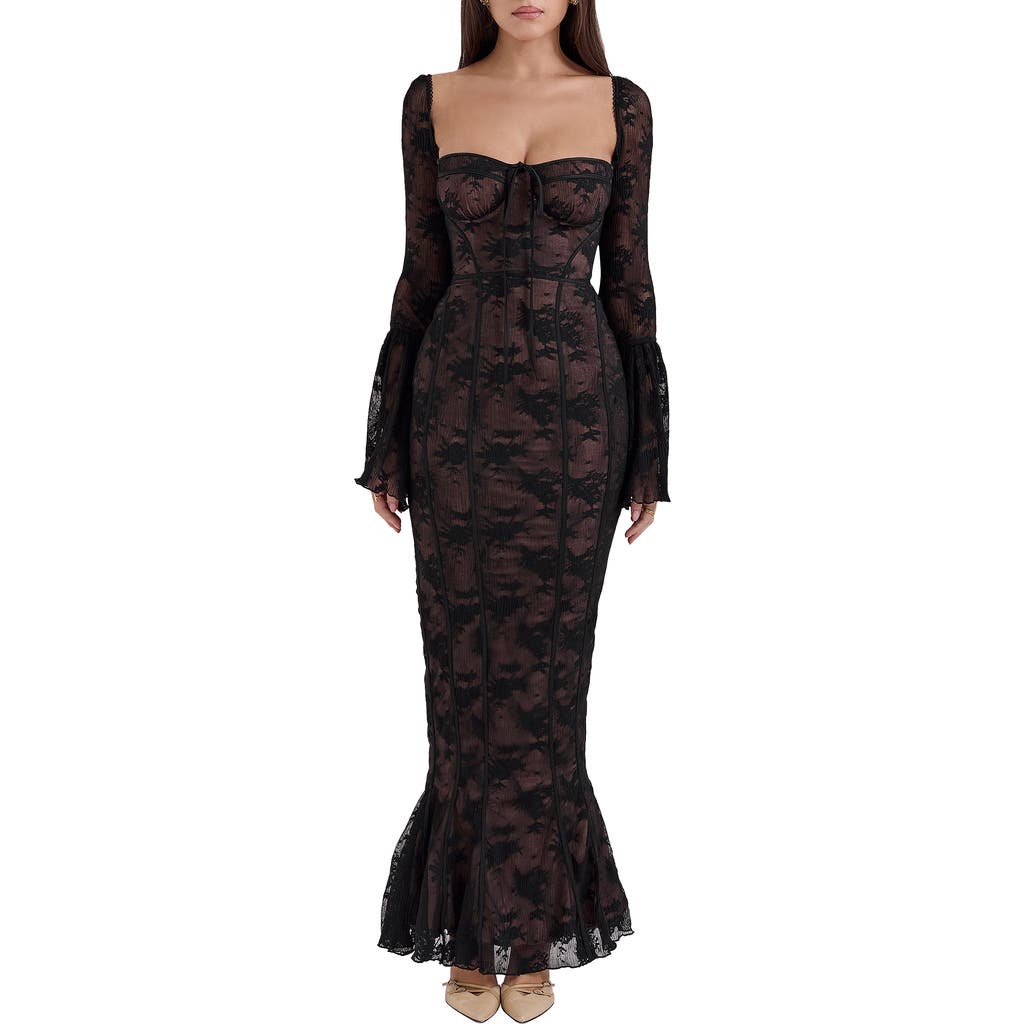 HOUSE OF CB Delilah Long Sleeve Lace Overlay Mermaid Dress in Black