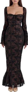 delilah floral long sleeve lace maxi dress Delilah Maxi Dress with Train in Muted Blush Floral