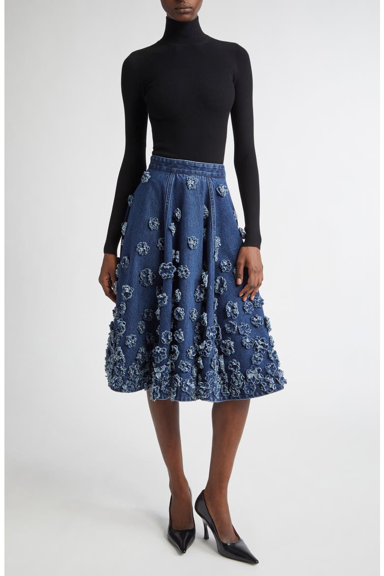 Floral Appliquè Denim Midi Skirt, Alternate, color, LIGHT INDIGO