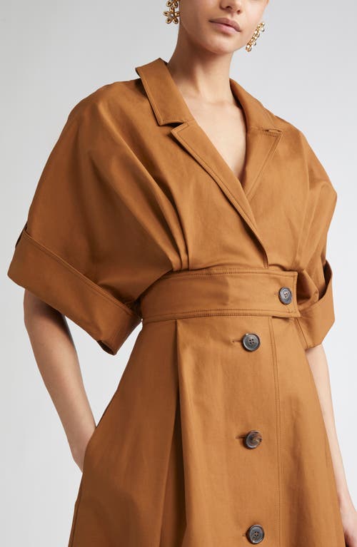 Carolina Herrera Wide Sleeve Belted Stretch Cotton Sateen Shirtdress In Brown