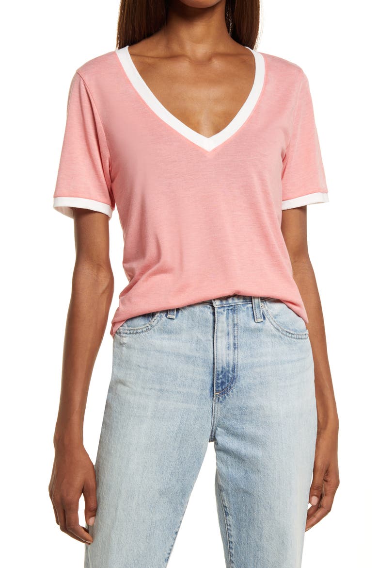 Ringer V-Neck T-Shirt, Main, color, CORAL MAUVE- IVORY