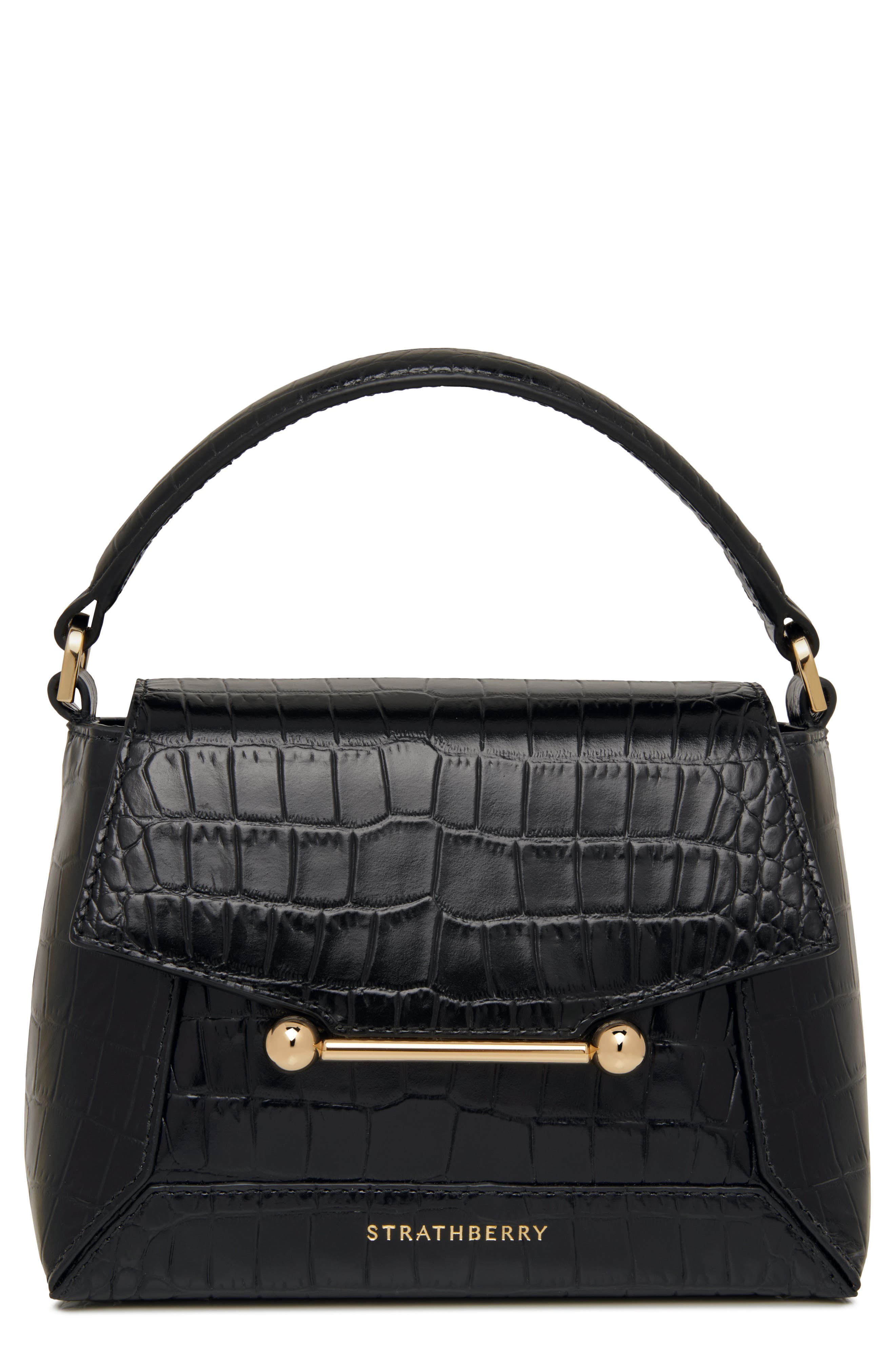 Strathberry Nano Mosaic Croc Embossed Leather Top Handle Bag, Main, color, Black