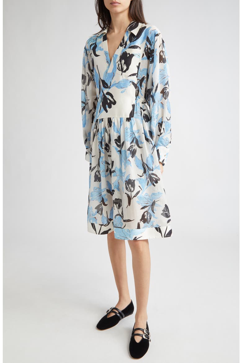 Joyful Tulips Long Sleeve Silk Blend Shirtdress, Alternate, color, IVORY MULTI