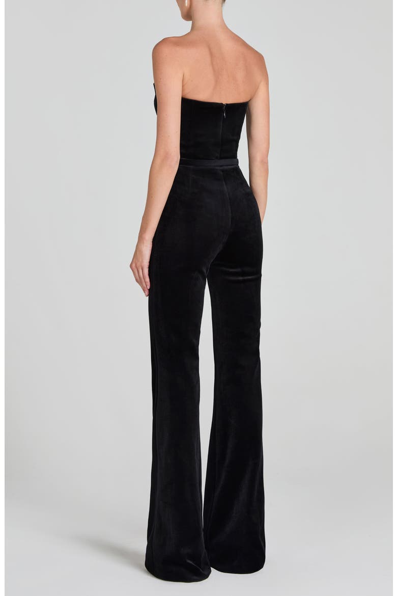 Vanessa Strapless Belted Velvet Flare Jumpsuit, Alternate, color, BLACK