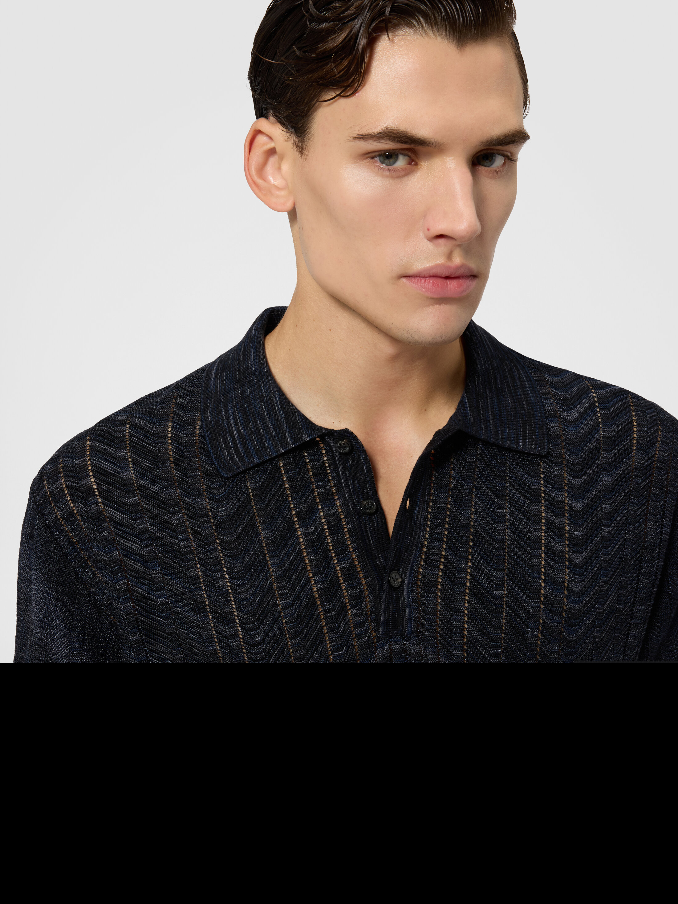 Openwork Knit Cotton And Viscose Polo Shirt, Alternate, color, Black & Grey