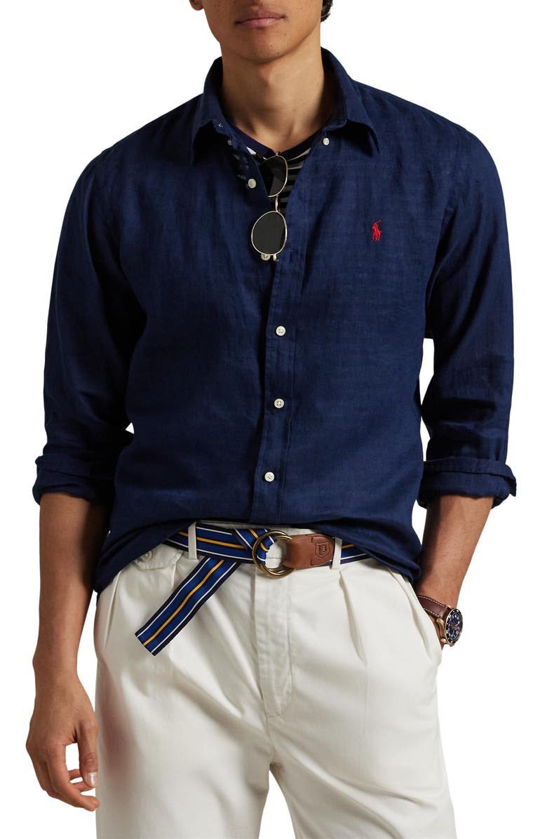 Classic Fit Solid Navy Short Sleeve Linen Button-Down Shirt