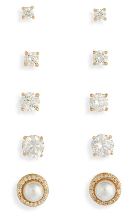 Set of 5 Cubic Zirconia & Faux Pearl Stud Earrings