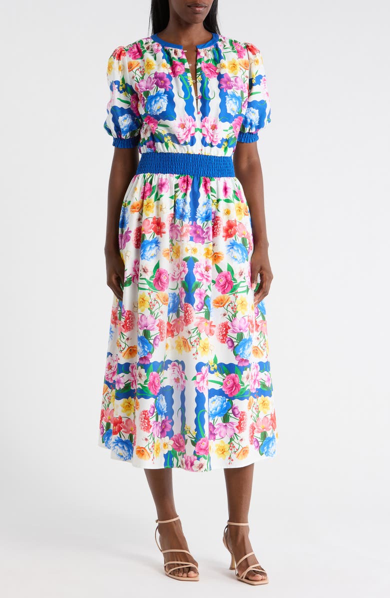 Elie Tahari The Ziggy Floral Print Midi Dress, Main, color, Scallop Floral Print