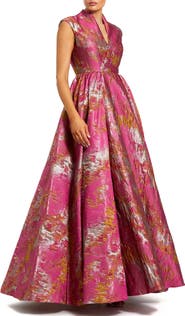 Mac Duggal Metallic Jacquard Ball Gown with Notched Collar and Cap Sleeves
