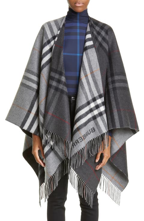 Split Check Fringe Trim Cashmere Cape