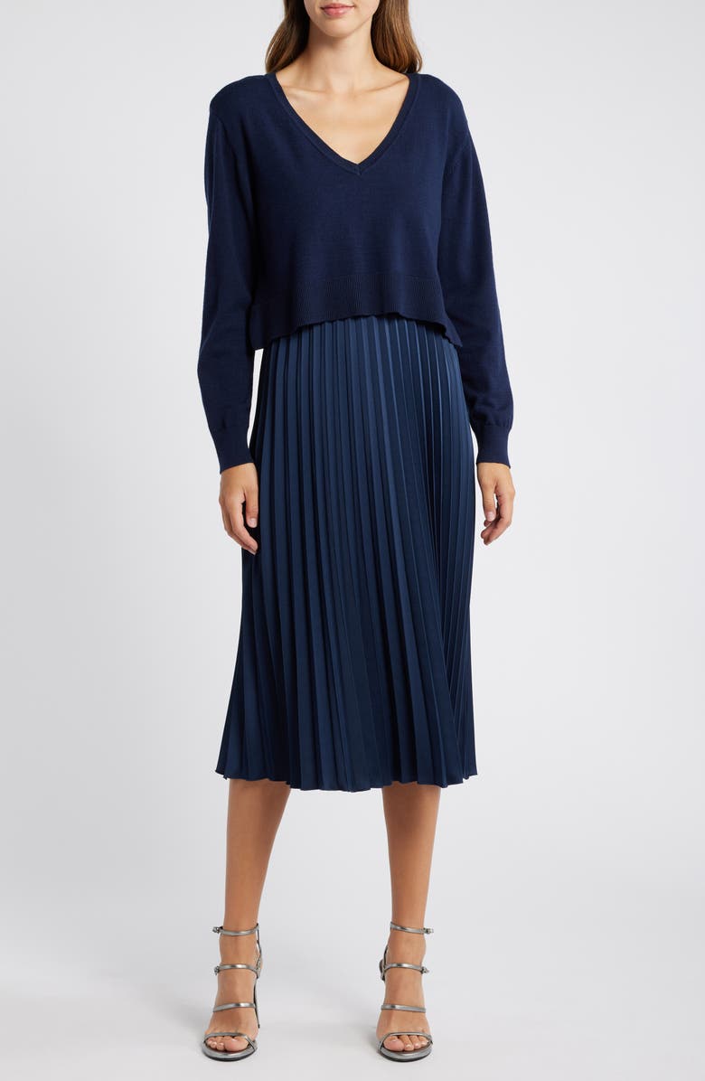 Sam Edelman Sweater & Plissé Skirt Set, Main, color, Navy