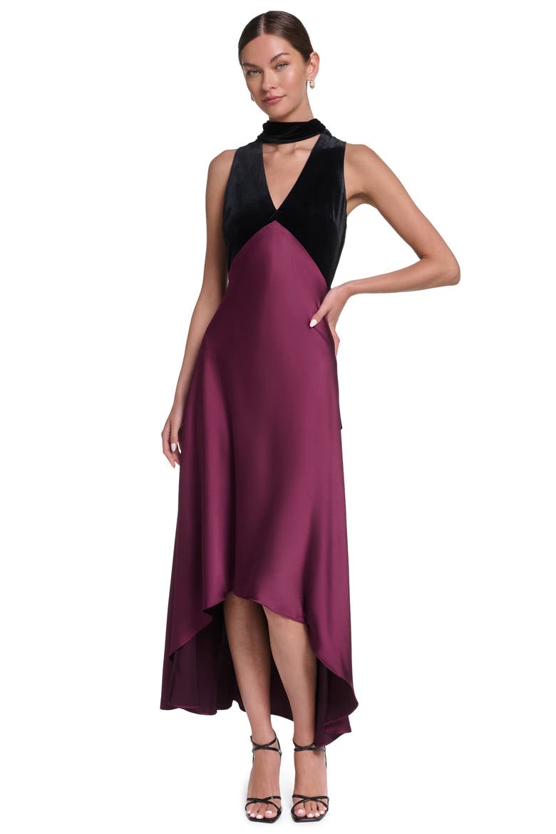 Sleeveless Velvet and Satin V-Neck Scarf Dress, Main, color, Cabernet/Black