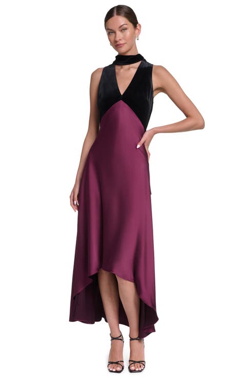 Sleeveless Velvet and Satin V-Neck Scarf Dress