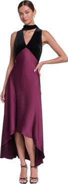 HALSTON Sleeveless Velvet and Satin V-Neck Scarf Dress