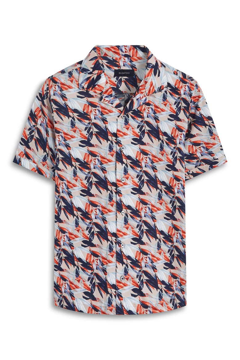 Leaf Print Short Sleeve Stretch Cotton Button-Up Shirt, Alternate, color, STONE