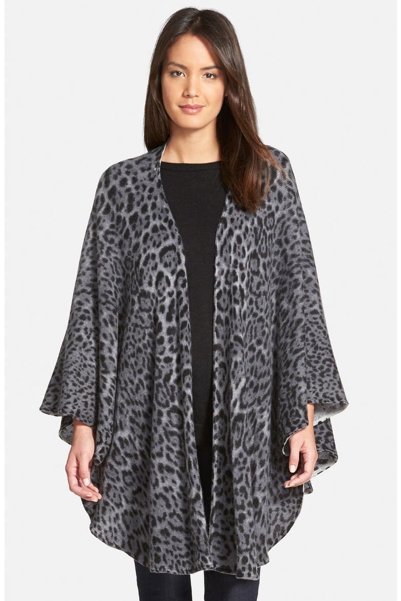 Leopard Print Cashmere Knit Cape, Main, color, GREY LEOPARD
