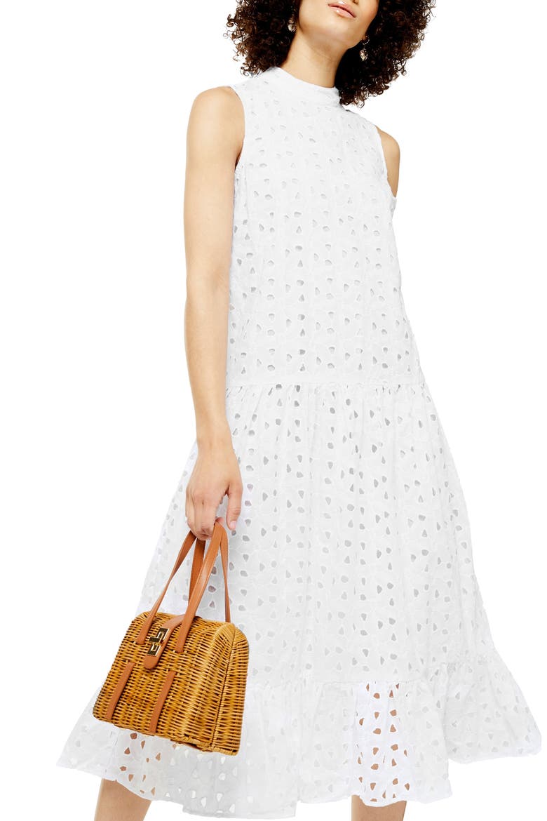 Chuck-On Broderie Sleeveless Midi Dress, Alternate, color, WHITE
