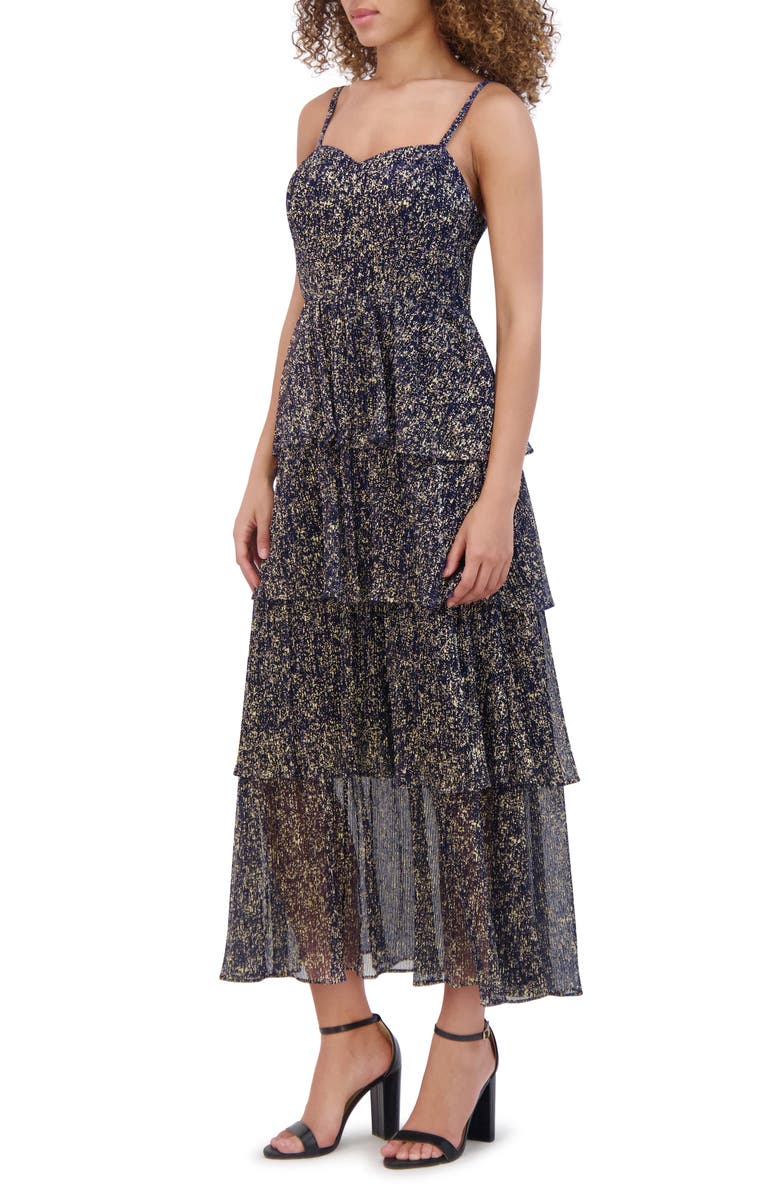 Siena Foiled Plissé Tiered Ruffle Midi Dress, Alternate, color, Navy/ Gold